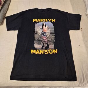 Vintage Marilyn Manson American Flag Black Band Tee T Shirt